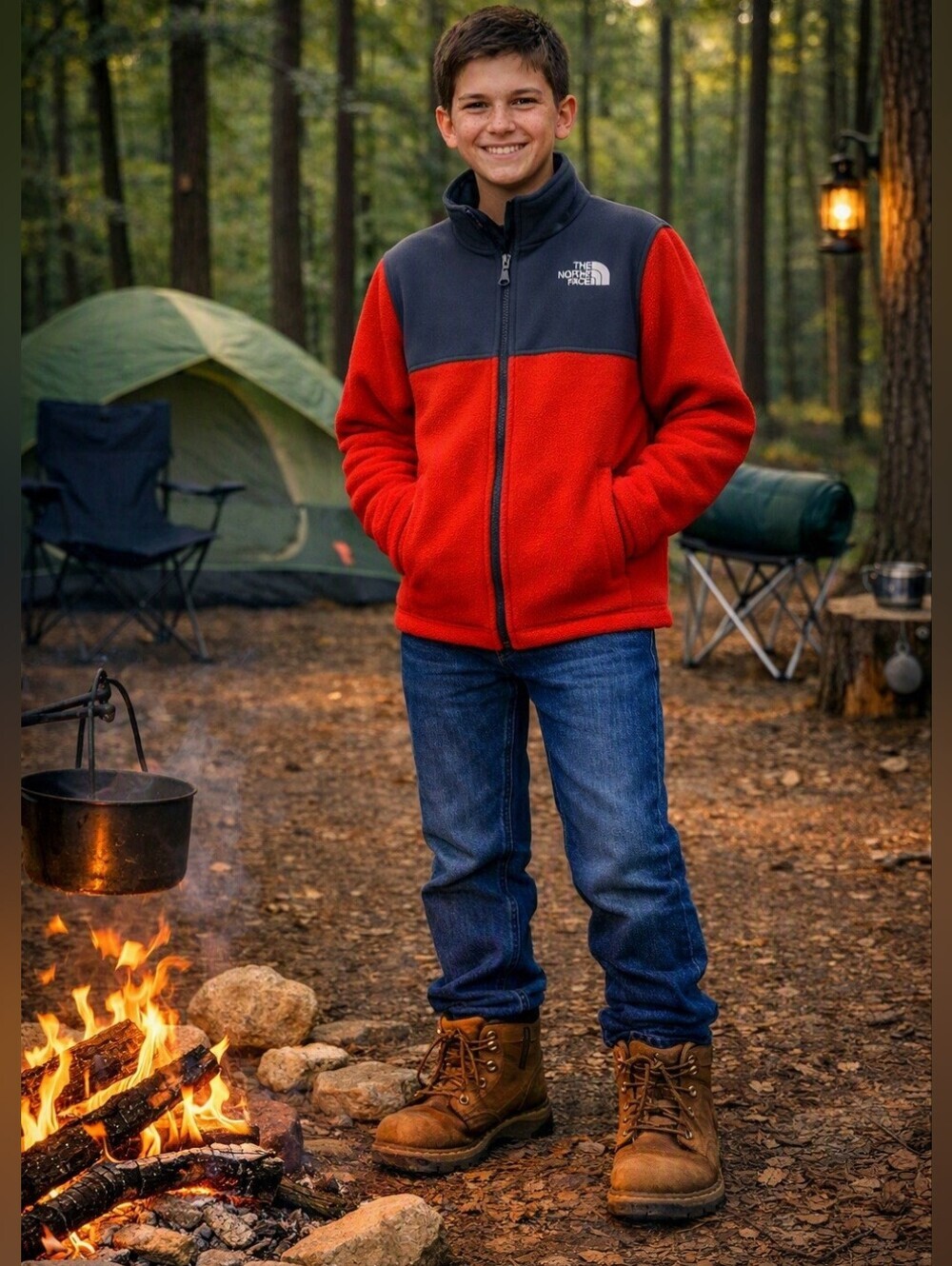 THE NORTH FACE BOY'S 200W TUNDRA FULL-ZIP FLEECE JACKET. SIZE L 14-16. RED/GREY.
